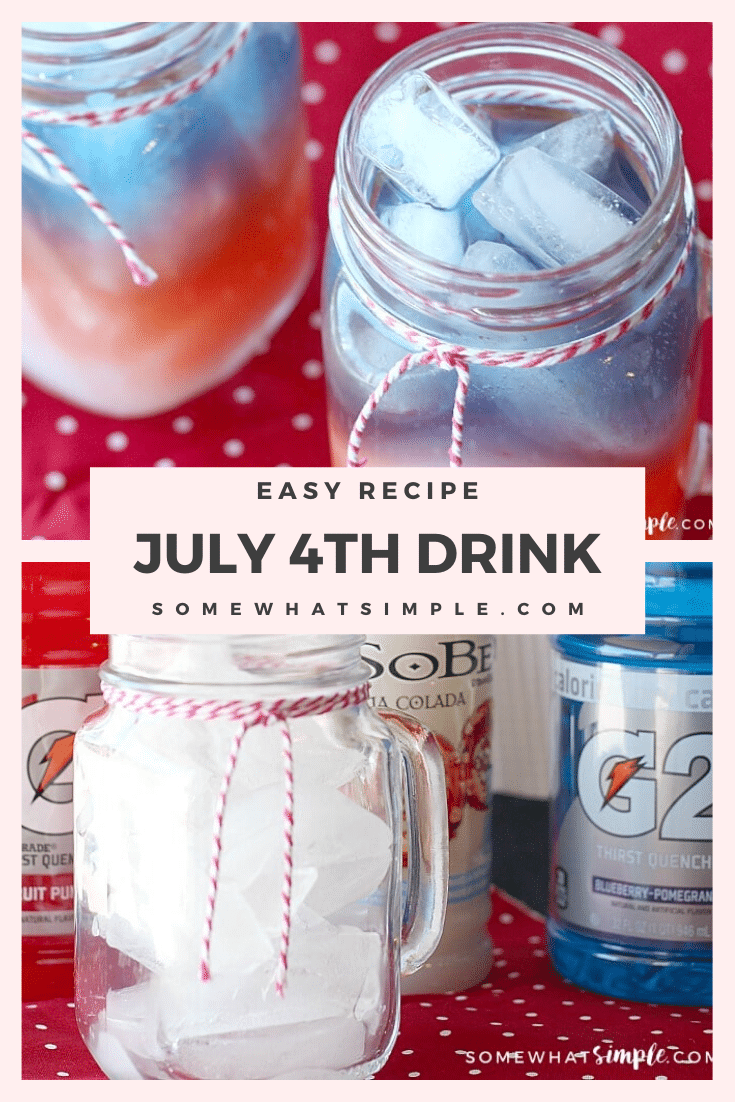 These 4th of July drinks are a fun and festive beverage to serve at your party or barbecue. With red, white and blue layers this drink is a patriotic way to enjoy the Fourth! #redwhitebluedrink #4thofjulydrink #fourthofjulydrinkrecipe #fourthofjulydrinkforkids #redwhitebluedrinknonalcoholic #patrioticdrinkidea via @somewhatsimple