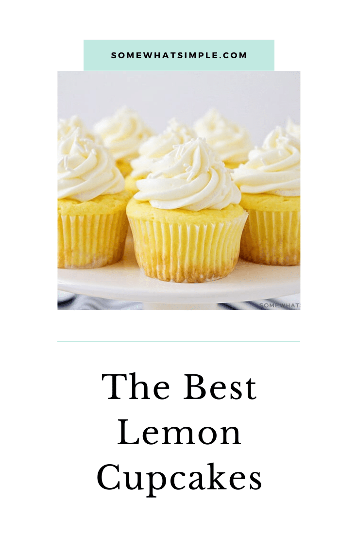 These lemon cupcakes are the best you'll ever eat!  Made with a box of cake mix, this cupcake recipe is super easy to make and they taste amazing! #lemoncupcakes #easylemoncupcakes #cakemixlemoncupcakes #lemoncupcakeswithcreamcheesefrosting #lemoncupcakerecipe via @somewhatsimple
