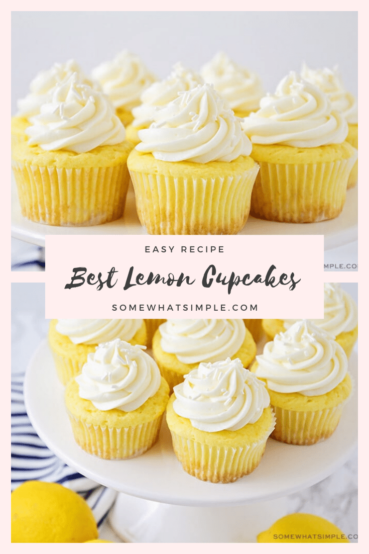 These lemon cupcakes are the best you'll ever eat!  Made with a box of cake mix, this cupcake recipe is super easy to make and they taste amazing! #lemoncupcakes #easylemoncupcakes #cakemixlemoncupcakes #lemoncupcakeswithcreamcheesefrosting #lemoncupcakerecipe via @somewhatsimple