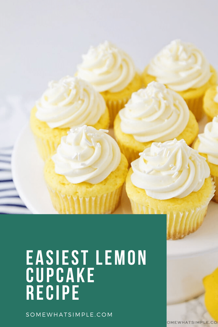 These lemon cupcakes are the best you'll ever eat!  Made with a box of cake mix, this cupcake recipe is super easy to make and they taste amazing! #lemoncupcakes #easylemoncupcakes #cakemixlemoncupcakes #lemoncupcakeswithcreamcheesefrosting #lemoncupcakerecipe via @somewhatsimple