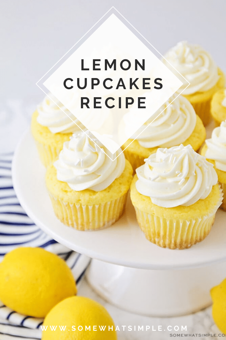 These lemon cupcakes are the best you'll ever eat!  Made with a box of cake mix, this cupcake recipe is super easy to make and they taste amazing! #lemoncupcakes #easylemoncupcakes #cakemixlemoncupcakes #lemoncupcakeswithcreamcheesefrosting #lemoncupcakerecipe via @somewhatsimple