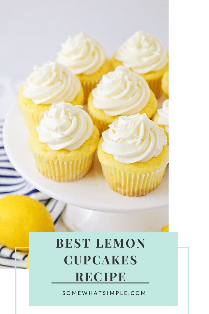 These lemon cupcakes are the best you'll ever eat!  Made with a box of cake mix, this cupcake recipe is super easy to make and they taste amazing! #lemoncupcakes #easylemoncupcakes #cakemixlemoncupcakes #lemoncupcakeswithcreamcheesefrosting #lemoncupcakerecipe via @somewhatsimple