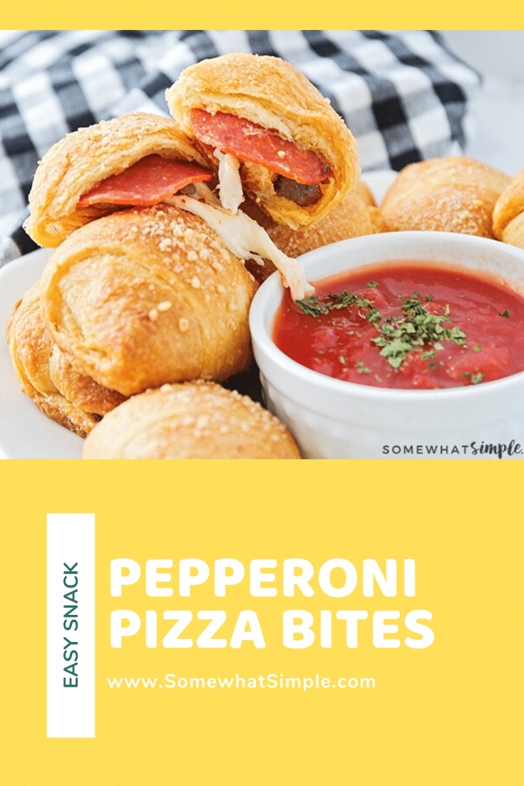 These mini homemade pizza bites are a simple meal or snack that can feed a small family or a large crowd!  Filled with cheese, pepperoni or any of your other favorite pizza toppings, this easy recipe will make everyone happy.  #pizza #pizzabites #howtomakehomemadepizzabites #minipizzabites #homemadepizzabites via @somewhatsimple