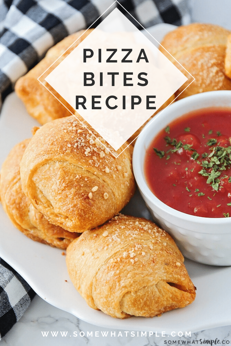 These mini homemade pizza bites are a simple meal or snack that can feed a small family or a large crowd!  Filled with cheese, pepperoni or any of your other favorite pizza toppings, this easy recipe will make everyone happy.  #pizza #pizzabites #howtomakehomemadepizzabites #minipizzabites #homemadepizzabites via @somewhatsimple