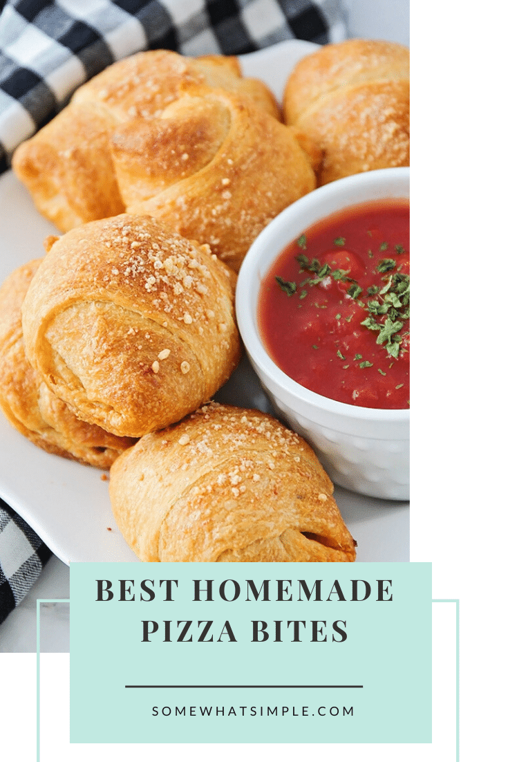 These mini homemade pizza bites are a simple meal or snack that can feed a small family or a large crowd!  Filled with cheese, pepperoni or any of your other favorite pizza toppings, this easy recipe will make everyone happy.  #pizza #pizzabites #howtomakehomemadepizzabites #minipizzabites #homemadepizzabites via @somewhatsimple