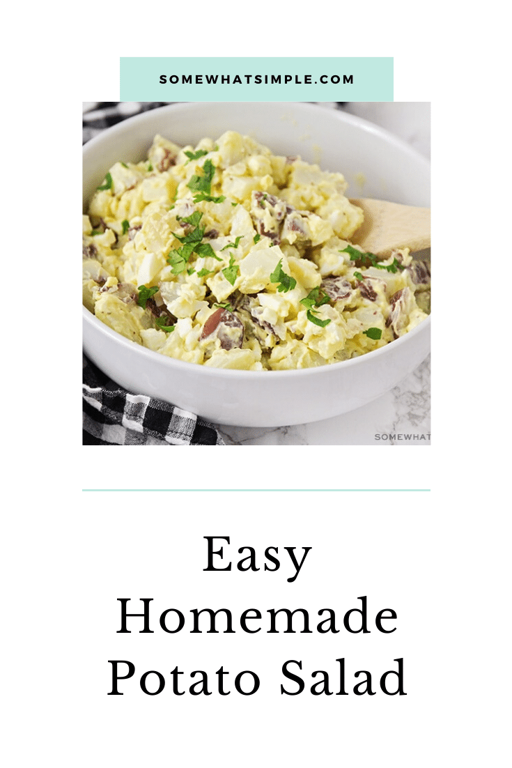 This easy potato salad recipe is a family-favorite side dish that's perfect for any occasion.  Made with red potatoes and hard boiled eggs, it's the best potato salad you'll ever eat. #easypotatosalad #potatosaladrecipe #potatosaladwithegg #howtomakepotatosalad #bestpotatosaladrecipe via @somewhatsimple