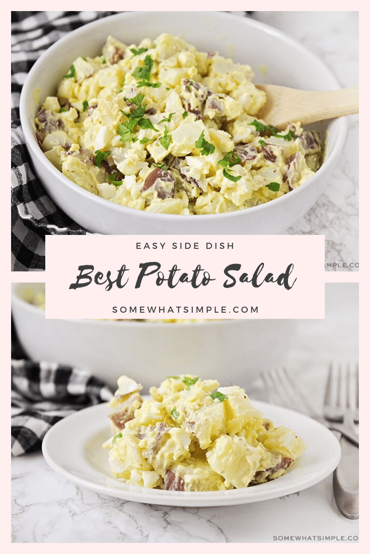 This easy potato salad recipe is a family-favorite side dish that's perfect for any occasion.  Made with red potatoes and hard boiled eggs, it's the best potato salad you'll ever eat. #easypotatosalad #potatosaladrecipe #potatosaladwithegg #howtomakepotatosalad #bestpotatosaladrecipe via @somewhatsimple