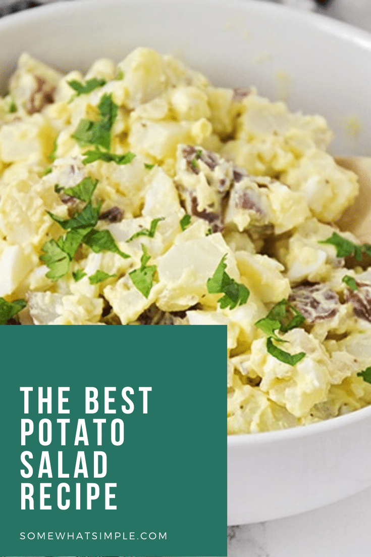 This easy potato salad recipe is a family-favorite side dish that's perfect for any occasion.  Made with red potatoes and hard boiled eggs, it's the best potato salad you'll ever eat. #easypotatosalad #potatosaladrecipe #potatosaladwithegg #howtomakepotatosalad #bestpotatosaladrecipe via @somewhatsimple