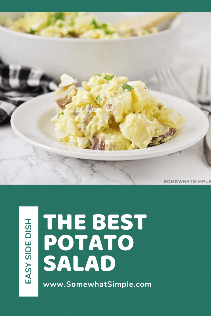 This easy potato salad recipe is a family-favorite side dish that's perfect for any occasion.  Made with red potatoes and hard boiled eggs, it's the best potato salad you'll ever eat. #easypotatosalad #potatosaladrecipe #potatosaladwithegg #howtomakepotatosalad #bestpotatosaladrecipe via @somewhatsimple