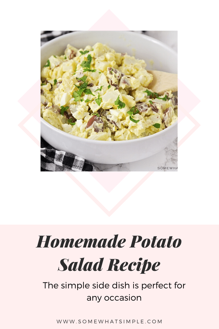 This easy potato salad recipe is a family-favorite side dish that's perfect for any occasion.  Made with red potatoes and hard boiled eggs, it's the best potato salad you'll ever eat. #easypotatosalad #potatosaladrecipe #potatosaladwithegg #howtomakepotatosalad #bestpotatosaladrecipe via @somewhatsimple
