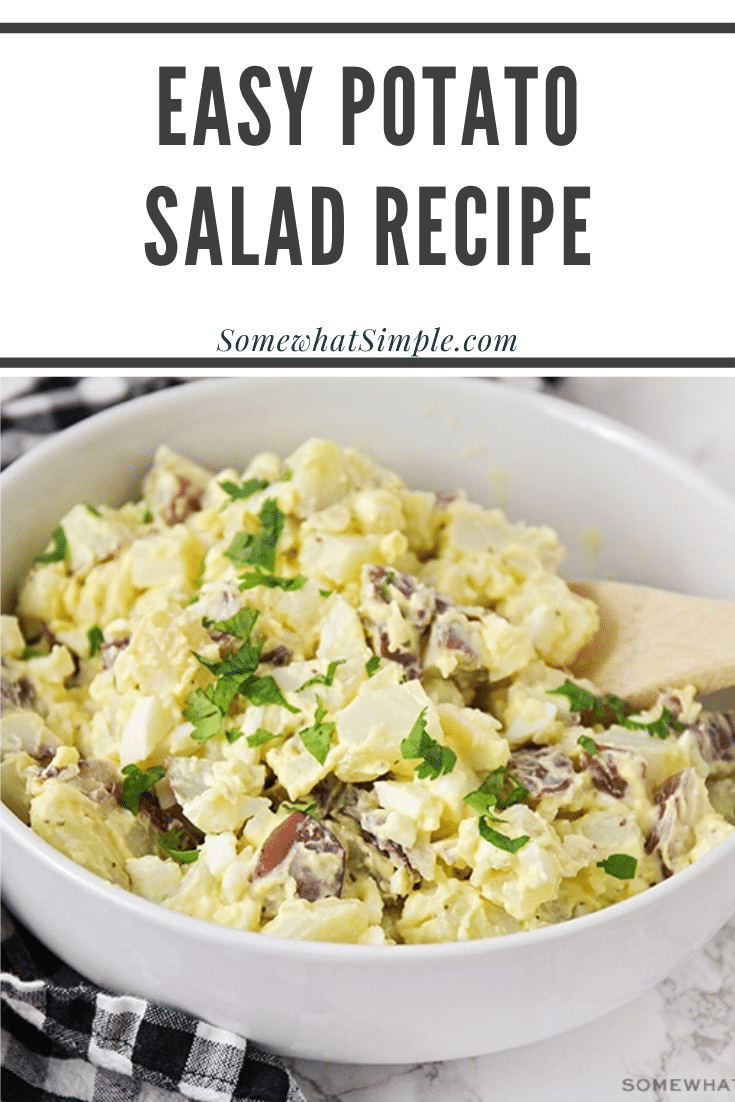 This easy potato salad recipe is a family-favorite side dish that's perfect for any occasion.  Made with red potatoes and hard boiled eggs, it's the best potato salad you'll ever eat. #easypotatosalad #potatosaladrecipe #potatosaladwithegg #howtomakepotatosalad #bestpotatosaladrecipe via @somewhatsimple