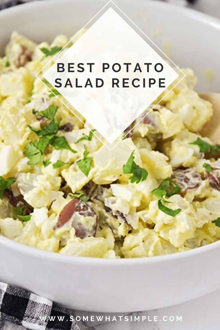 This easy potato salad recipe is a family-favorite side dish that's perfect for any occasion.  Made with red potatoes and hard boiled eggs, it's the best potato salad you'll ever eat. #easypotatosalad #potatosaladrecipe #potatosaladwithegg #howtomakepotatosalad #bestpotatosaladrecipe via @somewhatsimple