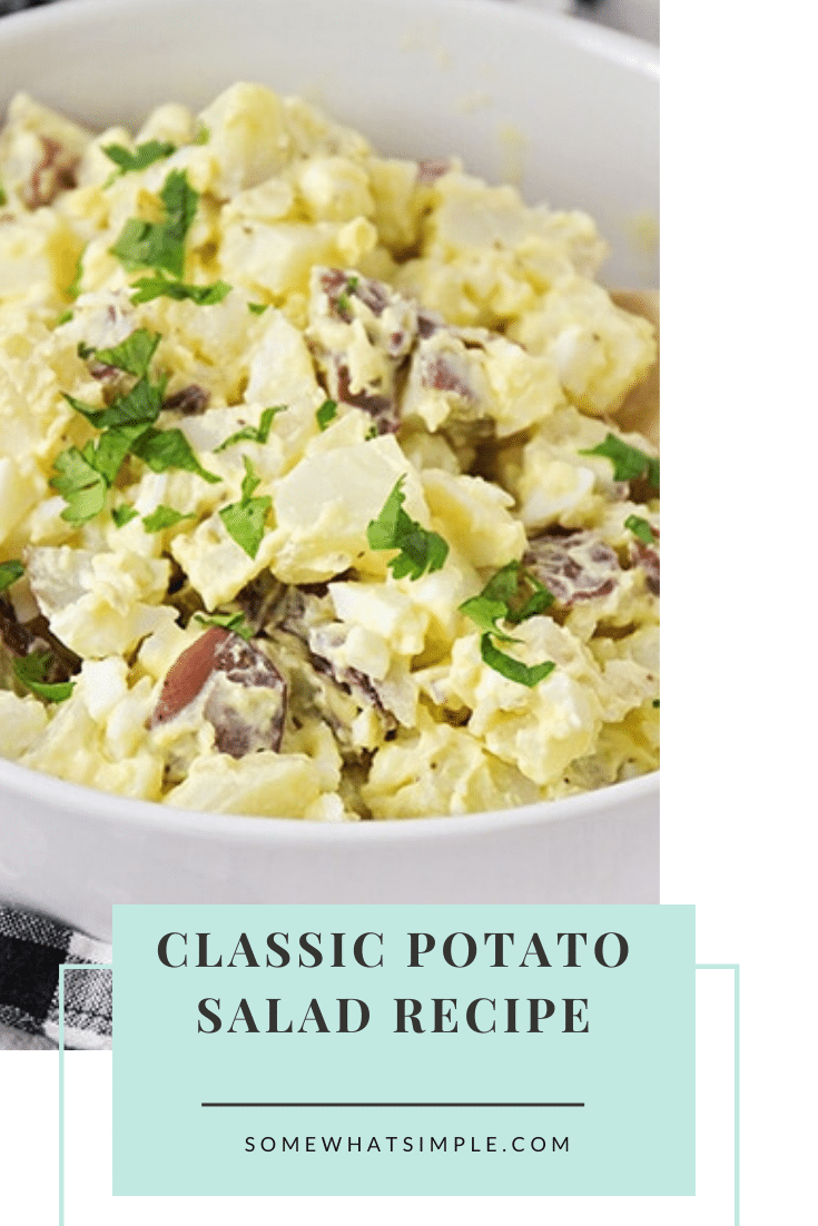 This easy potato salad recipe is a family-favorite side dish that's perfect for any occasion.  Made with red potatoes and hard boiled eggs, it's the best potato salad you'll ever eat. #easypotatosalad #potatosaladrecipe #potatosaladwithegg #howtomakepotatosalad #bestpotatosaladrecipe via @somewhatsimple