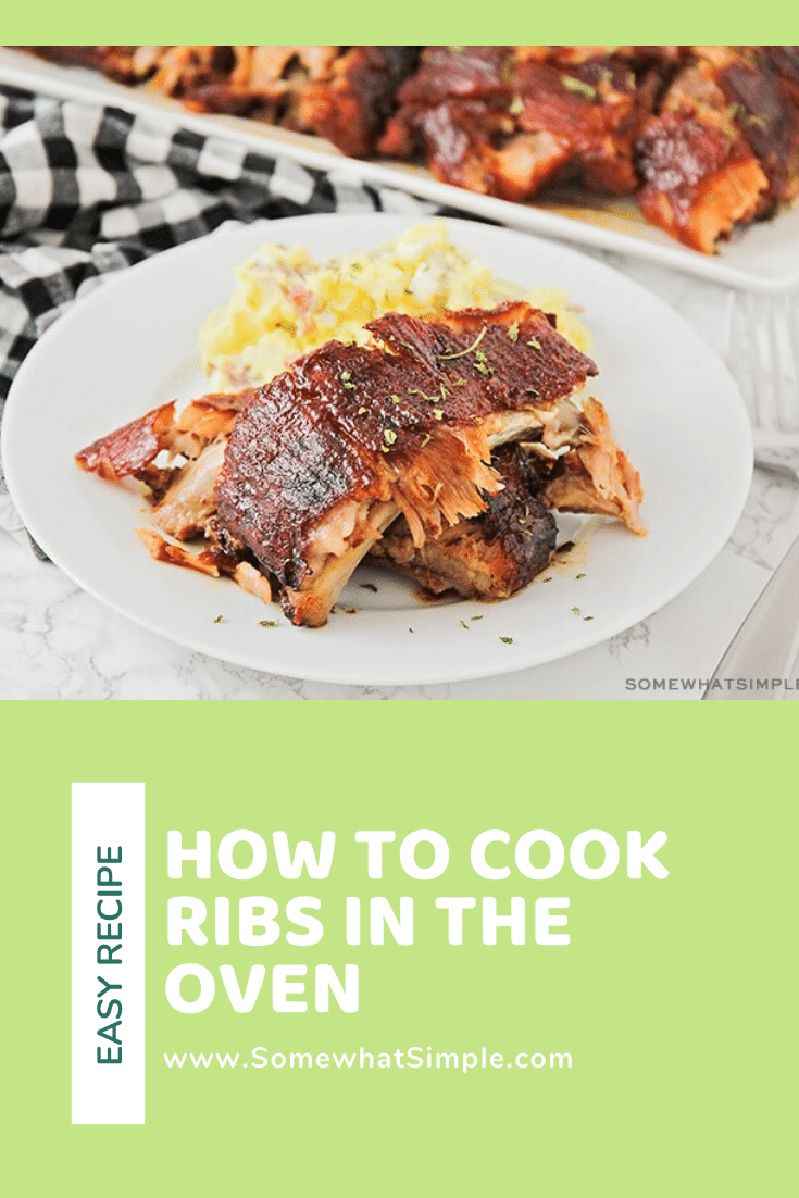 This easy recipe will show you how to cook ribs in the oven so they just fall off the bone!  Following just a few easy steps, you can go from being a novice cook to a grill master in no time. Made with a homemade spice rub, these bbq ribs are cooked for hours so the meat is tender and juicy! #howtocookribs #fallofftheboneribs #ribsintheoven #howtocookribsintheoven #easyporkribsrecipe via @somewhatsimple