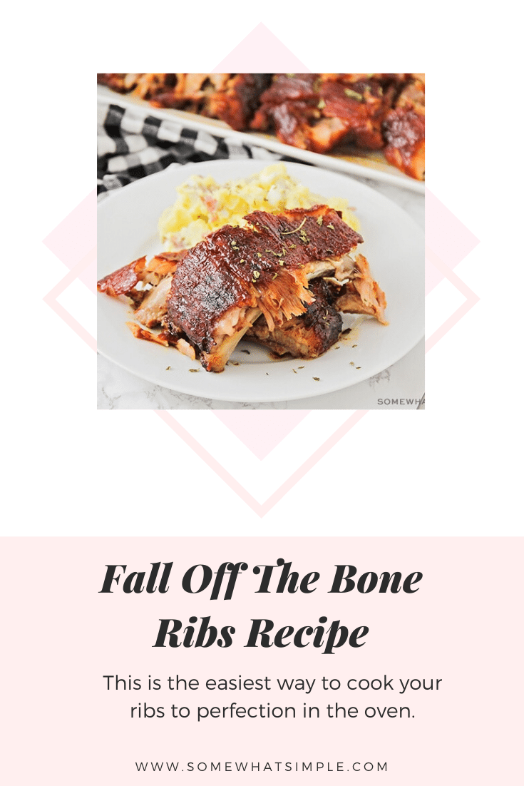 This easy recipe will show you how to cook ribs in the oven so they just fall off the bone!  Following just a few easy steps, you can go from being a novice cook to a grill master in no time. Made with a homemade spice rub, these bbq ribs are cooked for hours so the meat is tender and juicy! #howtocookribs #fallofftheboneribs #ribsintheoven #howtocookribsintheoven #easyporkribsrecipe via @somewhatsimple