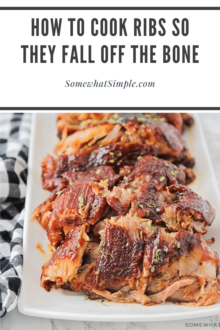 This easy recipe will show you how to cook ribs in the oven so they just fall off the bone!  Following just a few easy steps, you can go from being a novice cook to a grill master in no time. Made with a homemade spice rub, these bbq ribs are cooked for hours so the meat is tender and juicy! #howtocookribs #fallofftheboneribs #ribsintheoven #howtocookribsintheoven #easyporkribsrecipe via @somewhatsimple