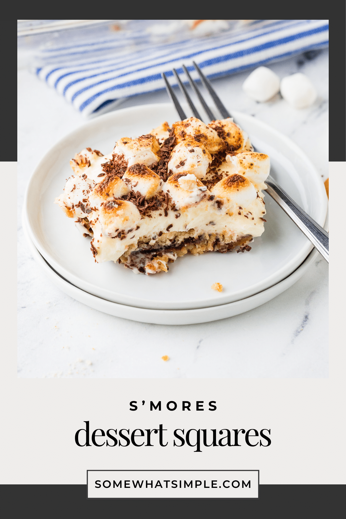 Easy S’Mores Dessert Squares with layers of chocolate, pudding, and marshmallows. A crowd-pleasing twist on the classic campfire treat. via @somewhatsimple