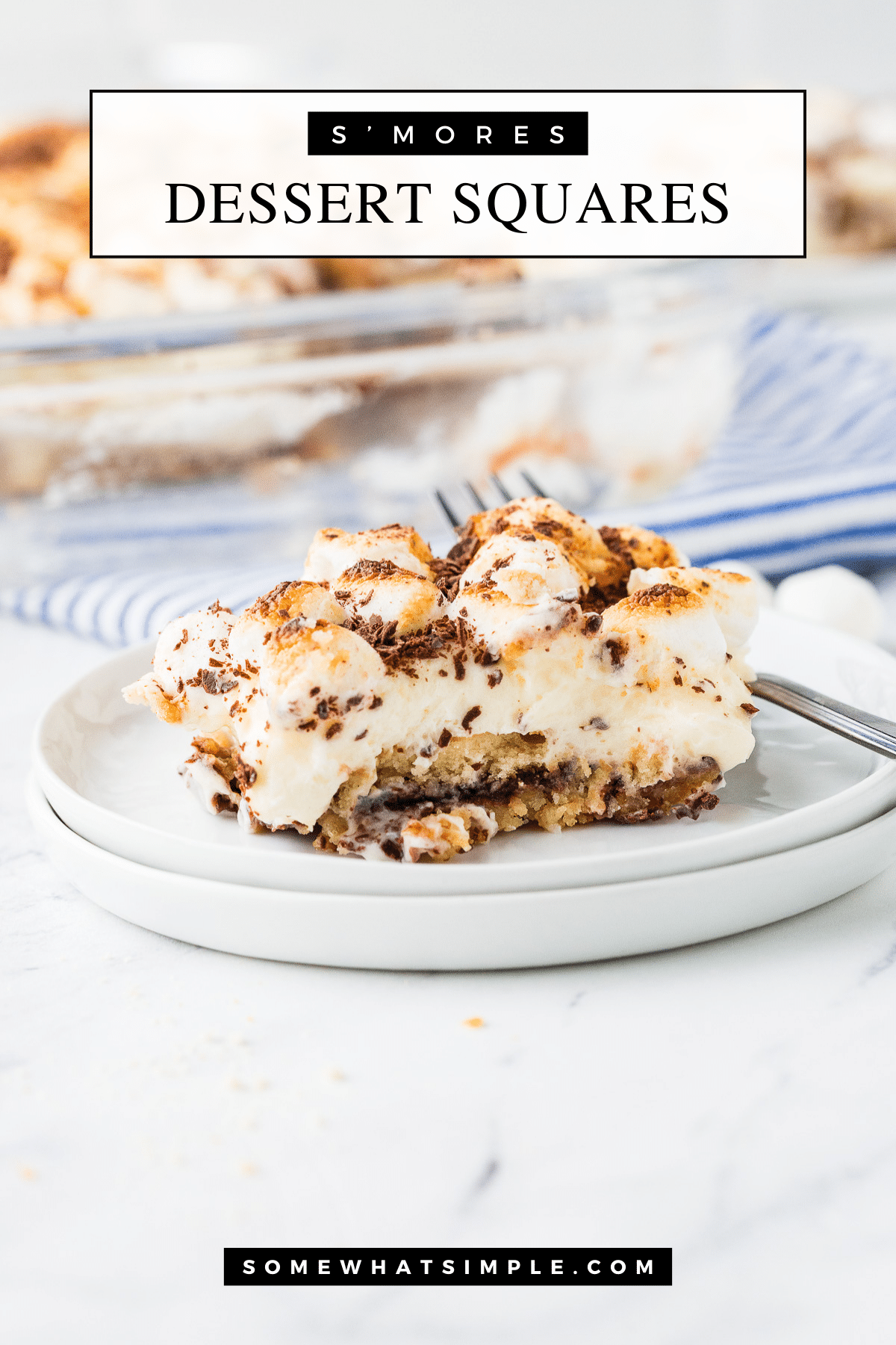 Easy S’Mores Dessert Squares with layers of chocolate, pudding, and marshmallows. A crowd-pleasing twist on the classic campfire treat. via @somewhatsimple