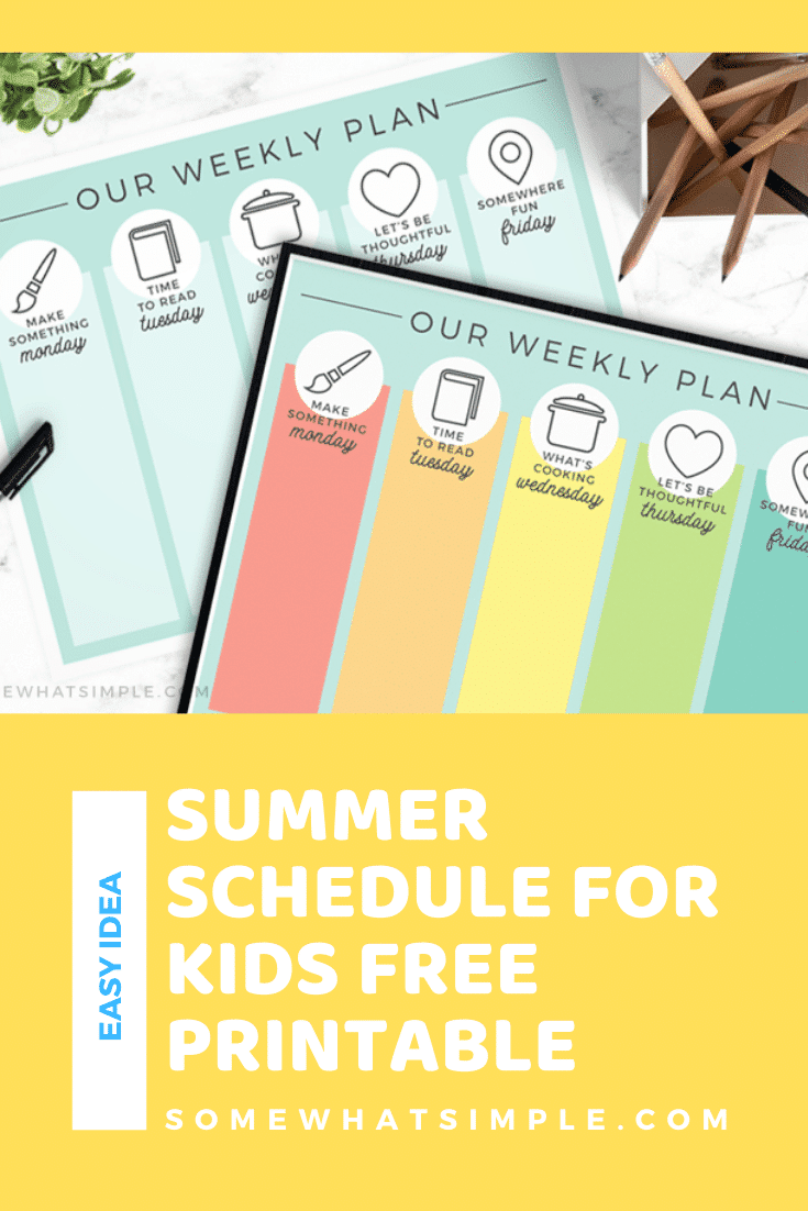 Entertaining kids while they're home during the summer can sometimes be challenging.  That's why I came up with this fun, free daily summer schedule printable for kids to give us something enjoyable we can do together each day! #summerschedule #summerscheduleforkids #dailysummerscheduleforkids #kidssummerscheduletemplate #dailysummerscheduleprintable via @somewhatsimple