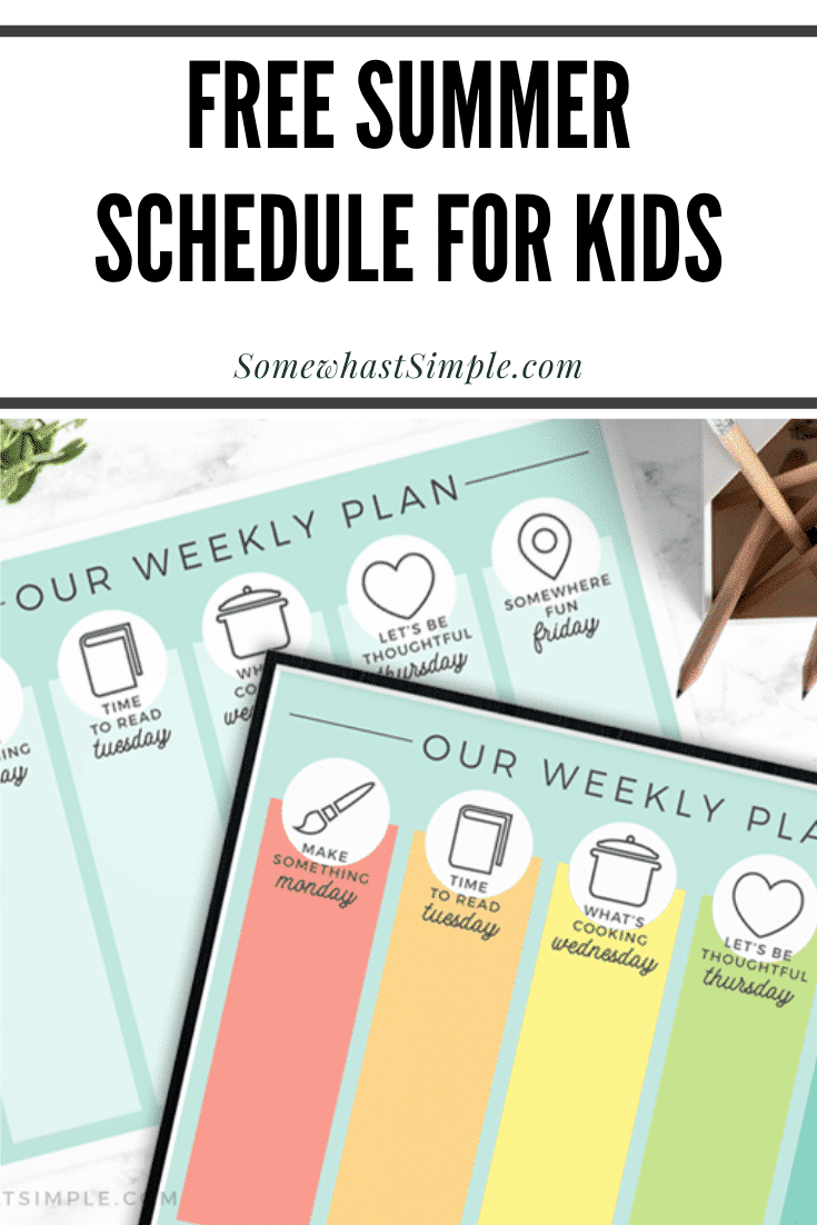 Entertaining kids while they're home during the summer can sometimes be challenging.  That's why I came up with this fun, free daily summer schedule printable for kids to give us something enjoyable we can do together each day! #summerschedule #summerscheduleforkids #dailysummerscheduleforkids #kidssummerscheduletemplate #dailysummerscheduleprintable via @somewhatsimple