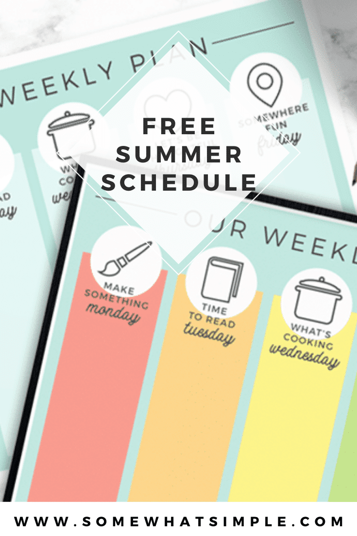 Entertaining kids while they're home during the summer can sometimes be challenging.  That's why I came up with this fun, free daily summer schedule printable for kids to give us something enjoyable we can do together each day! #summerschedule #summerscheduleforkids #dailysummerscheduleforkids #kidssummerscheduletemplate #dailysummerscheduleprintable via @somewhatsimple