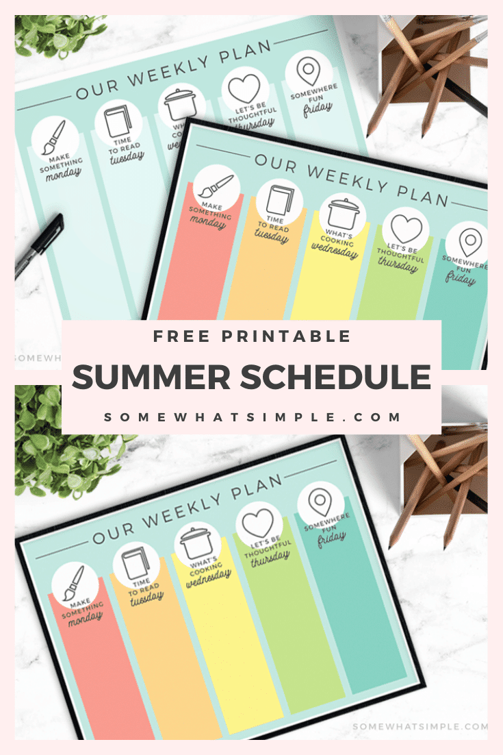 Entertaining kids while they're home during the summer can sometimes be challenging.  That's why I came up with this fun, free daily summer schedule printable for kids to give us something enjoyable we can do together each day! #summerschedule #summerscheduleforkids #dailysummerscheduleforkids #kidssummerscheduletemplate #dailysummerscheduleprintable via @somewhatsimple