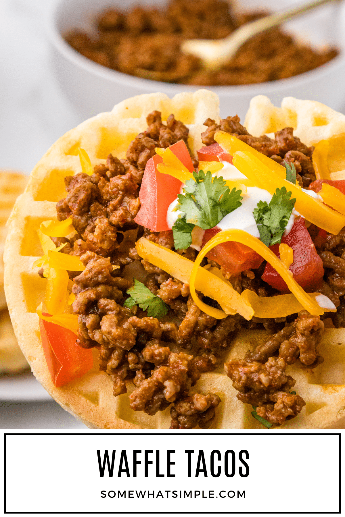 Waffle Tacos are the best of both taco worlds! The crisp edges give it the crunch of a hard shell taco, but the soft inside gives it the chewiness of a soft taco. Everyone gets fed, and everyone is happy! #waffles #tacos #easydinner #vegetarian #glutenfree via @somewhatsimple
