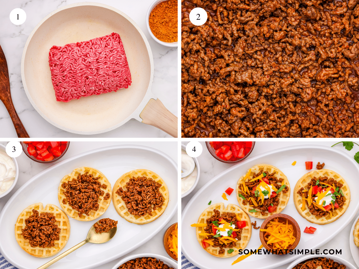 collage of images showing the step by step process of making waffle tacos