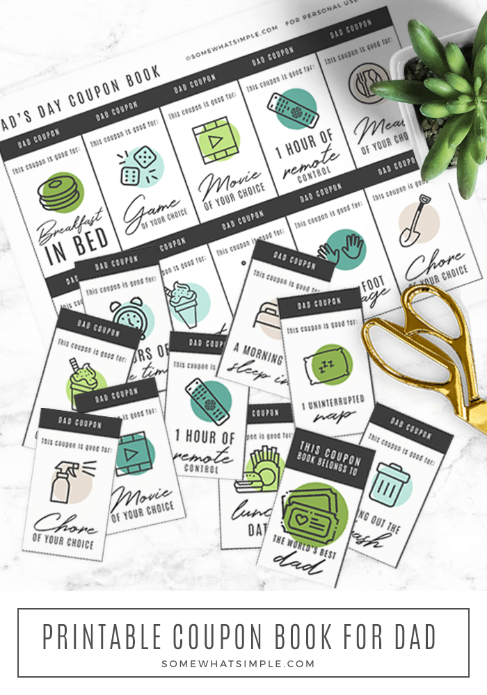 Making a printable coupon book for dad is fun, thoughtful, and so simple to put together! The perfect gift for the guy you love this Father's Day! Grab your printable and get started on this fun and thoughtful gift for Dad. via @somewhatsimple