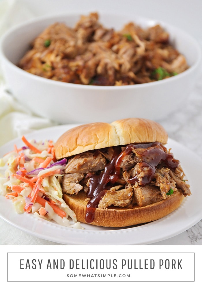 This slow cooker pulled pork is one of my family's favorite meals! Made with a delicious homemade sauce and cooked slower all day, it's flavorful, juicy, and so easy to make! #slowcookerpulledpork #easyslowcookerpulledpork #crockpotpulledporkrecipe #easycrockpotpulledpork #slowcookerbbqpulledpork via @somewhatsimple