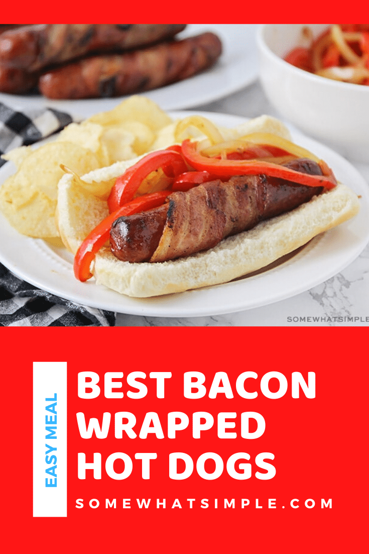 These bacon wrapped hot dogs have a wow-factor that regular hot dogs just don't have. They are simple to put together and totally delicious! These are simple to make and are perfect for a summer gathering or bbq. With 3 different ways to make them, there's something for everyone. #grillingrecipe #summerrecipe #bbqideas #baconwrappedhotdogs #grilledbaconwrappedhotdogs #baconwrappedhotdogsinoven #baconwrappedhotdogsonstovetop #howtomakebaconwrappedhotdogs via @somewhatsimple