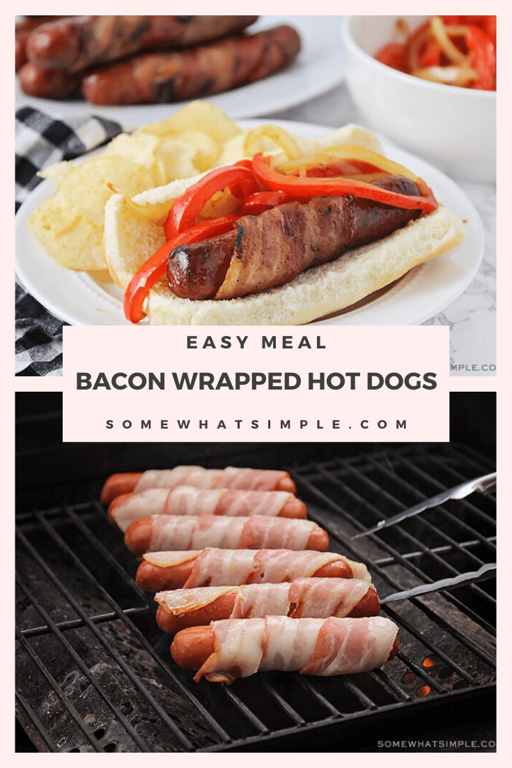 These bacon wrapped hot dogs have a wow-factor that regular hot dogs just don't have. They are simple to put together and totally delicious! These are simple to make and are perfect for a summer gathering or bbq. With 3 different ways to make them, there's something for everyone. #grillingrecipe #summerrecipe #bbqideas #baconwrappedhotdogs #grilledbaconwrappedhotdogs #baconwrappedhotdogsinoven #baconwrappedhotdogsonstovetop #howtomakebaconwrappedhotdogs via @somewhatsimple