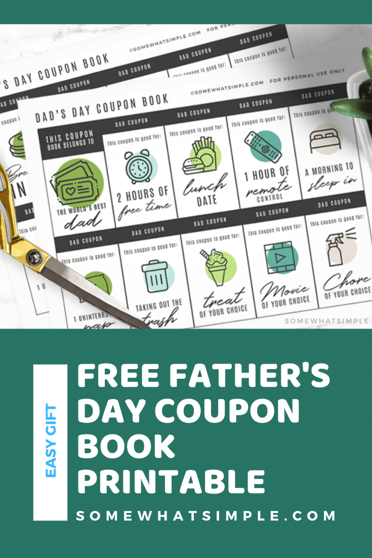 Making a printable coupon book for dad is fun, thoughtful, and so simple to put together! The perfect gift for the guy you love this Father's Day! Grab your free printable and get started on this fun and thoughtful gift for Dad. #FathersDay #PrintableCouponBook #fathersdaycouponbook #GiftforDad #fathersdaygift via @somewhatsimple