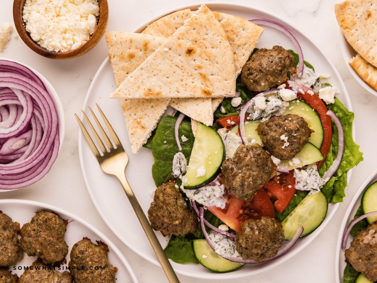 gyro salad plated on a white plate