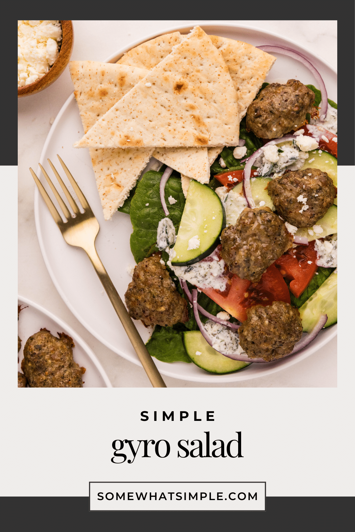 Gyro Salad is packed with pork, fresh veggies, and creamy homemade tzatziki sauce. A healthy, flavorful meal ready in under 30 minutes! via @somewhatsimple