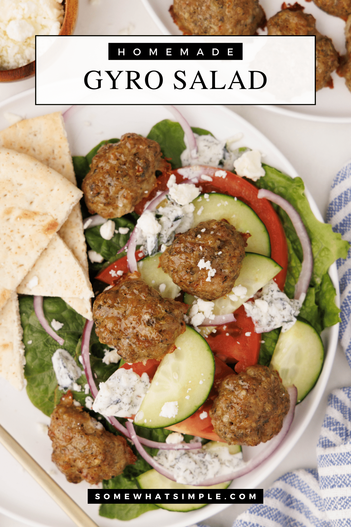 Gyro Salad is packed with pork, fresh veggies, and creamy homemade tzatziki sauce. A healthy, flavorful meal ready in under 30 minutes! via @somewhatsimple