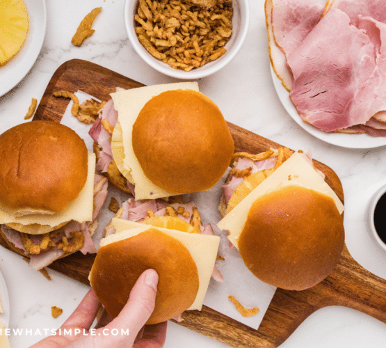 Hawaiian Ham Sandwiches on a brown serving platter