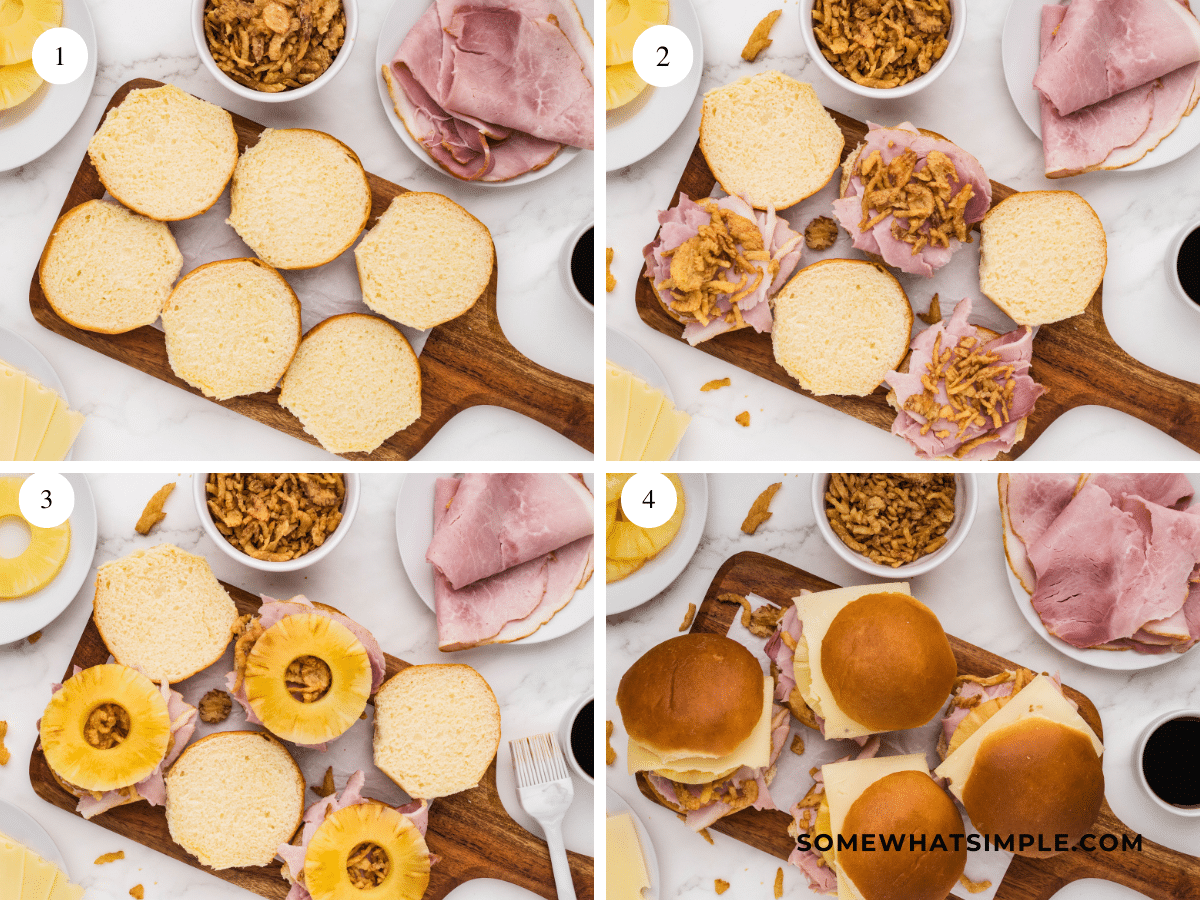 collage of images showing how to make Hawaiian Ham Sandwiches