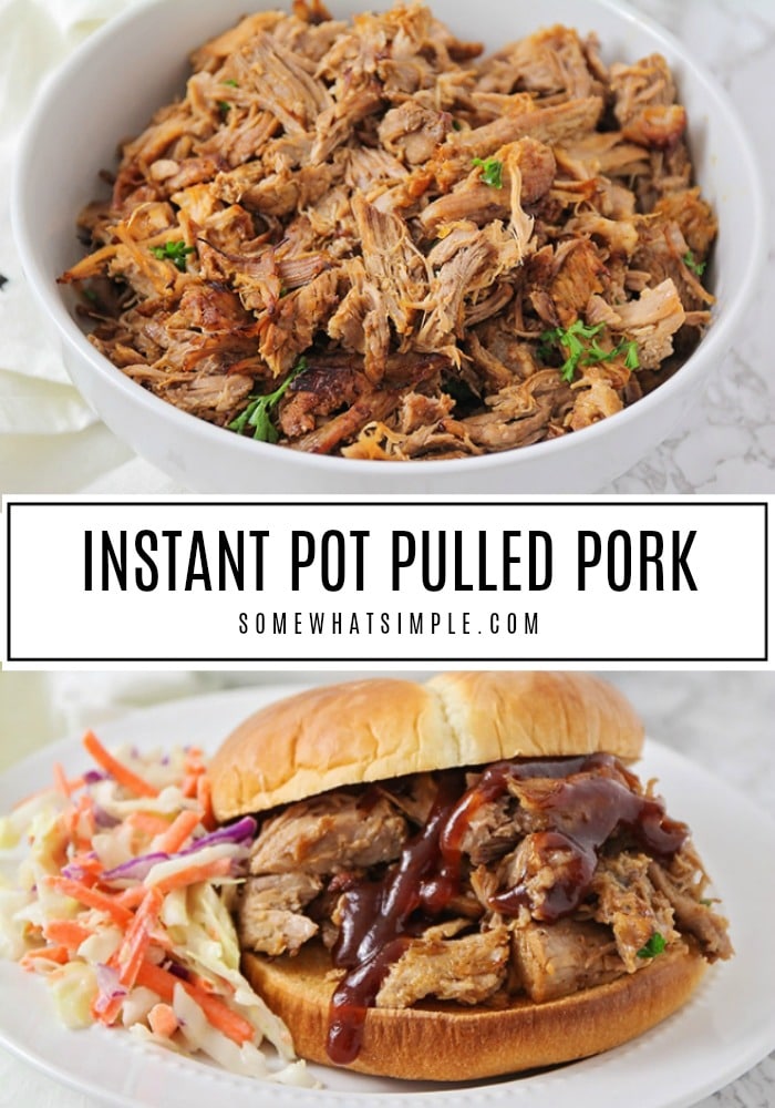 This flavorful instant pot pulled pork is so easy to make! It's so tender and juicy, and completely delicious!  Made using a pressure cooker, this tasty pork will be ready to eat in no time! #instantpotpulledpork #instantpotpulledporkrecipe #howtomakepulledporkinaninstantpot #instantpotbbqpulledpork #instantpotpulledporktenderloin via @somewhatsimple