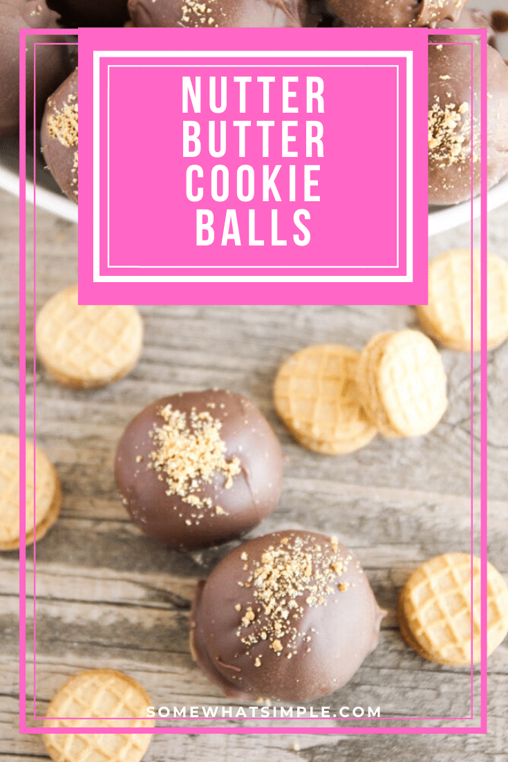 If you like peanut butter, chocolate and very simple recipes, then these Nutter Butter cookie balls are just for you!  Made with delicious cookies and cream cheese, then dipped in chocolate, these truffles quickly become one of your favorite treats! #nutterbutterballs #3ingredient #nutterbuttertruffles #nutterbuttercookieballs #peanutbutterballs via @somewhatsimple