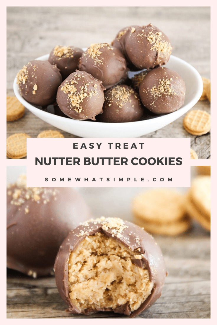 If you like peanut butter, chocolate and very simple recipes, then these Nutter Butter cookie balls are just for you!  Made with delicious cookies and cream cheese, then dipped in chocolate, these truffles quickly become one of your favorite treats! #nutterbutterballs #3ingredient #nutterbuttertruffles #nutterbuttercookieballs #peanutbutterballs via @somewhatsimple