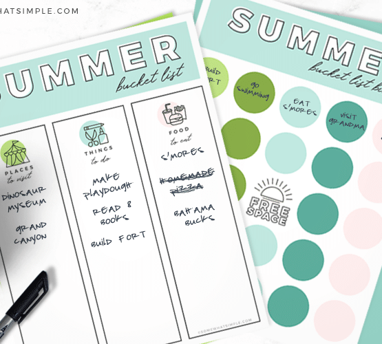 pages from a summer bucket list laying on the counter next to a pen and sunglasses
