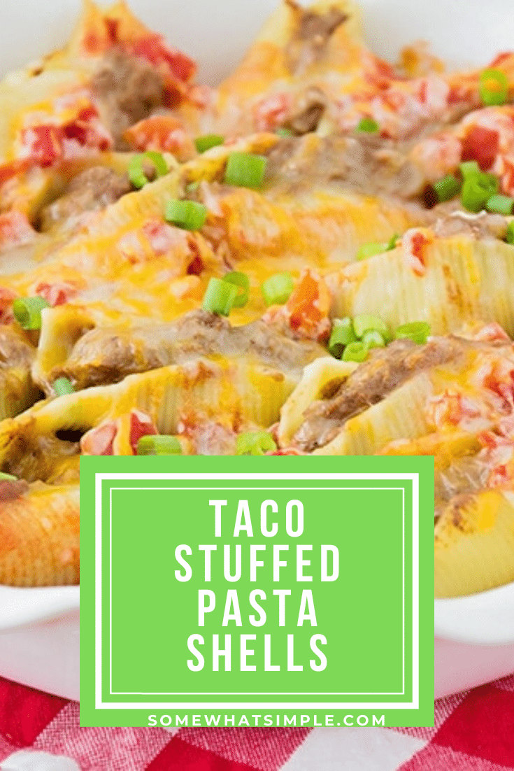 I found this recipe for Taco-Stuffed Pasta Shells in a magazine when I was newly married and it is still one of my family's favorite dinners! These pasta shells are filled with all of the delicious ingredients for tacos. This dinner idea also makes a perfect freezer meal so you can make it ahead of time and save it for later. #tacostuffedshells #tacostuffedpastashells #stuffedshellsrecipe #freezermeal #mexicandinneridea via @somewhatsimple