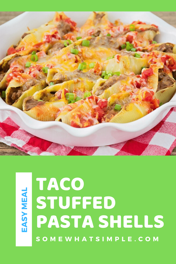 I found this recipe for Taco-Stuffed Pasta Shells in a magazine when I was newly married and it is still one of my family's favorite dinners! These pasta shells are filled with all of the delicious ingredients for tacos. This dinner idea also makes a perfect freezer meal so you can make it ahead of time and save it for later. #tacostuffedshells #tacostuffedpastashells #stuffedshellsrecipe #freezermeal #mexicandinneridea via @somewhatsimple