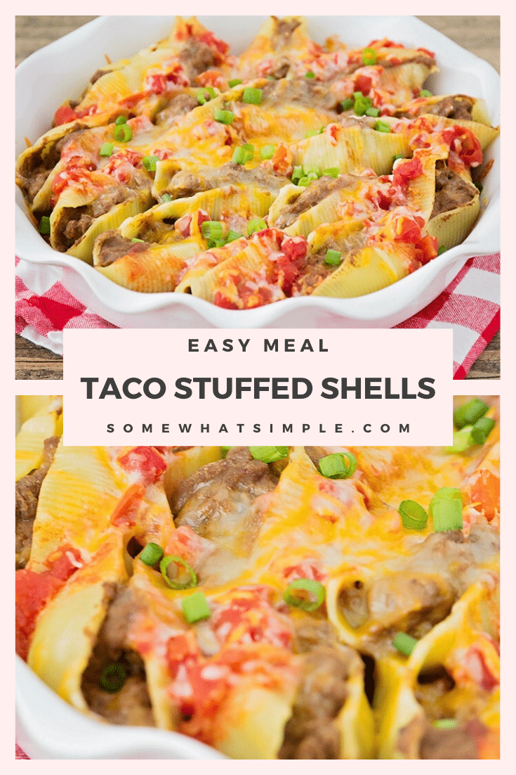 I found this recipe for Taco-Stuffed Pasta Shells in a magazine when I was newly married and it is still one of my family's favorite dinners! These pasta shells are filled with all of the delicious ingredients for tacos. This dinner idea also makes a perfect freezer meal so you can make it ahead of time and save it for later. #tacostuffedshells #tacostuffedpastashells #stuffedshellsrecipe #freezermeal #mexicandinneridea via @somewhatsimple