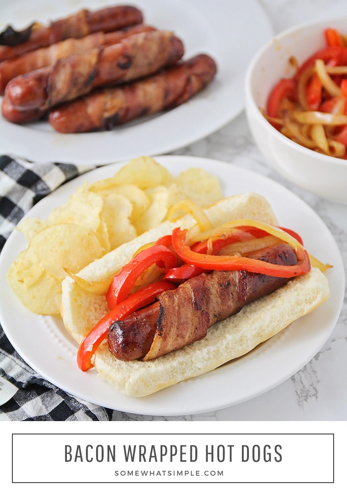 These bacon wrapped hot dogs have a wow-factor that regular hot dogs just don't have. They are simple to put together and totally delicious! These are simple to make and are perfect for a summer gathering or bbq. With 3 different ways to make them, there's something for everyone. #grillingrecipe #summerrecipe #bbqideas #baconwrappedhotdogs #grilledbaconwrappedhotdogs #baconwrappedhotdogsinoven #baconwrappedhotdogsonstovetop #howtomakebaconwrappedhotdogs via @somewhatsimple