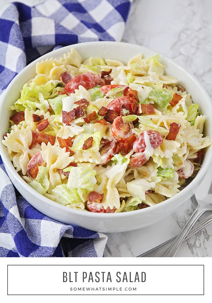 This simple BLT Pasta Salad is easy to make and is always a crowd-favorite!  Loaded with bow tie pasta, bacon and grape tomatoes, this salad is perfect to serve all summer long. #bltpastasalad #bowtiepastasalad #bltpastasaladrecipe #delishbltpastasalad #ranchbltpastasalad via @somewhatsimple