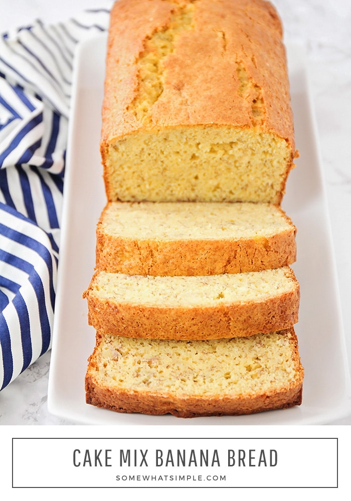 This simple and tasty cake mix banana bread has just four ingredients, and is so delicious. It's the easiest banana bread you'll ever bake! This short cut method will have you enjoying your banana bread in no time! #cakemixbananabread #bananabreadmadewithcakemix #cakemixbananabreadrecipe #easy4ingredientcakemixbananabread #yellowcakemixbananabread #bananabread #easybreadrecipe via @somewhatsimple