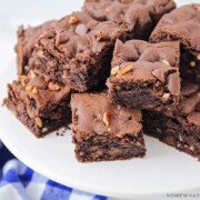 a white serving tray filled with browines made from chocolate cake mix