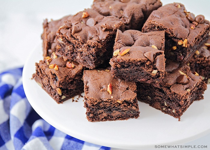 These rich and fudgy cake mix brownies are so chocolatey and delicious! They only take five minutes of prep time, and taste amazing!